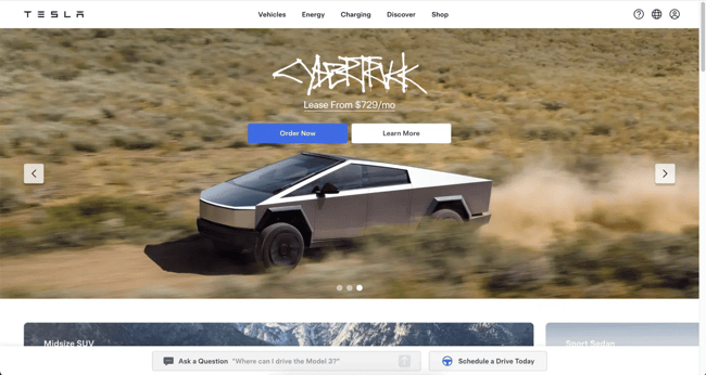 website home page design, tesla